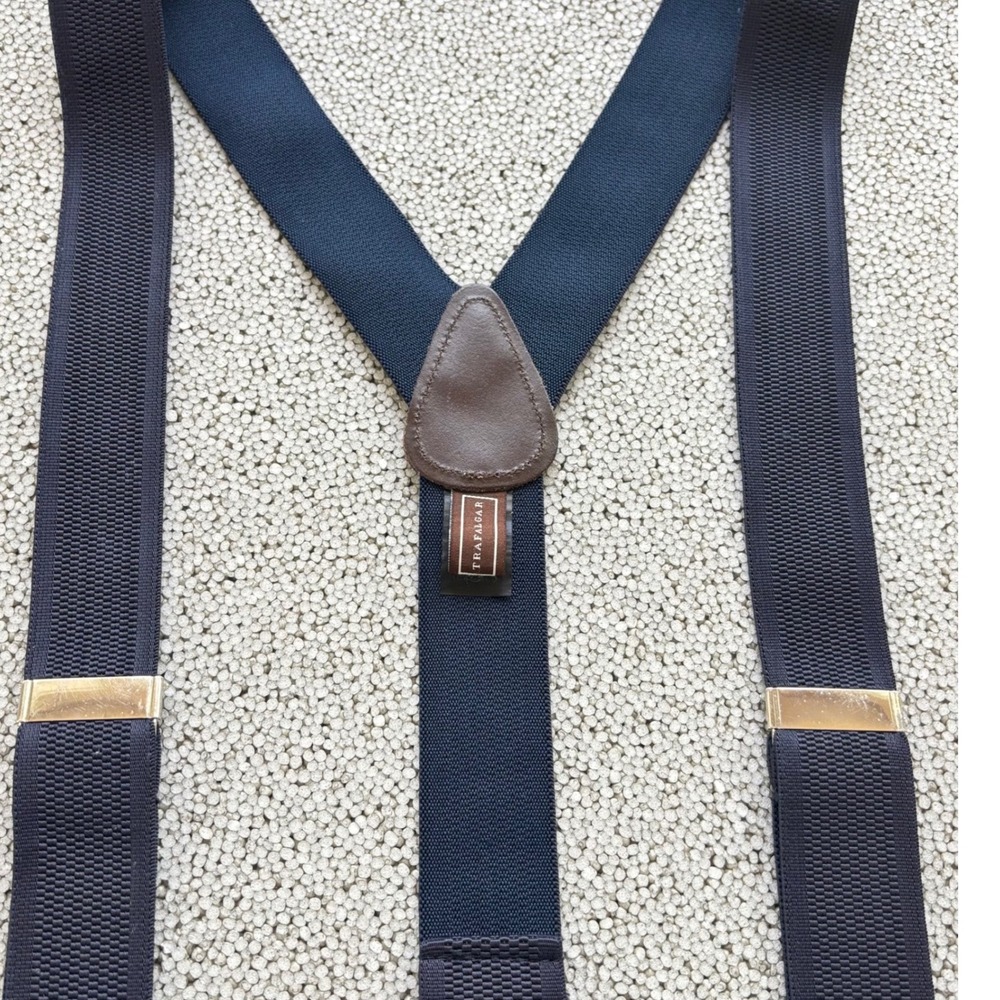 Trafalgar Suspenders Mens Navy Blue Leather Trim Silver Convertible Preppy - Picture 3 of 6
